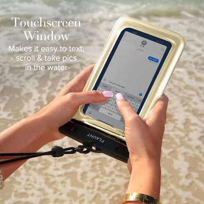 FLAUNT IP68 Waterproof Phone Pouch with Crossbody Lanyard - Gold Metallic | Large Stylish Touchscreen Floating Waterproof Phone Case - Fits All Phones and Cases - Beach Cruise Ship Travel Essentials - color: Gold Metallic