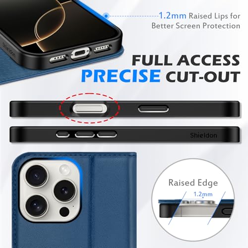 SHIELDON Genuine Leather Case Wallet for iPhone 16 Pro Max 6.9", Royal Blue | Flip Magnetic Closure, RFID Blocking 3 Card Holder, Kickstand, Full Protection, Shock Absorbing Protective Cover - color: Royal Blue