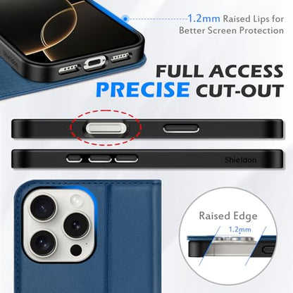 SHIELDON Genuine Leather Case Wallet for iPhone 16 Pro Max 6.9", Royal Blue | Flip Magnetic Closure, RFID Blocking 3 Card Holder, Kickstand, Full Protection, Shock Absorbing Protective Cover - color: Royal Blue