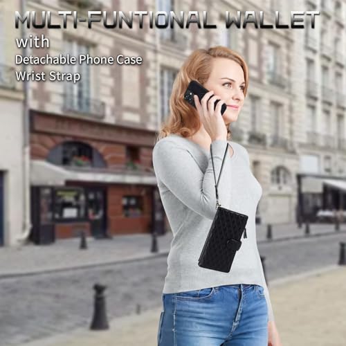 for iPhone 17 Case Wallet,Compatible with MagSafe 2 in 1 Magnetic Detachable PU Leather RFID Blocking Wallet Cover Card Holder Zipper Wrist Strap Lanyard,Quilted Black - color: Quilted Black, size: iPhone 17