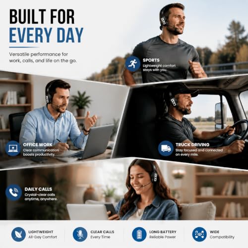 Bytewaveshop Trucker Bluetooth Headset with Mic, 55H Talk Time Wireless Headset, 99% Noise Cancelling Headphones with 270° Adjustable Mic, Bluetooth 6.0, Dual Device for Truck Drivers, Calls, Driving - color: Silver