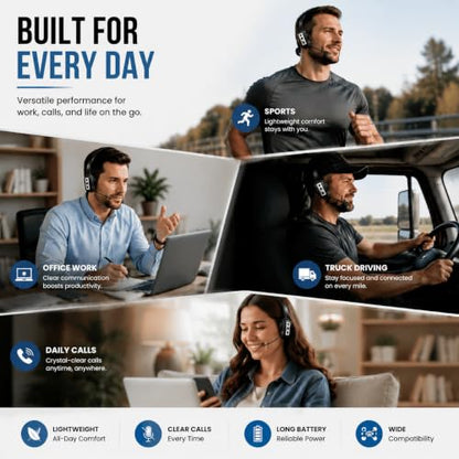 Bytewaveshop Trucker Bluetooth Headset with Mic, 55H Talk Time Wireless Headset, 99% Noise Cancelling Headphones with 270° Adjustable Mic, Bluetooth 6.0, Dual Device for Truck Drivers, Calls, Driving - color: Silver