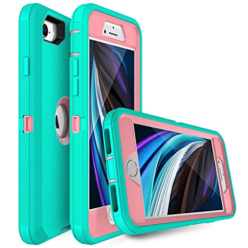 MXX Case Designed for iPhone SE Case 2020 /SE 2022 Heavy Duty Protective with Screen Protector [3 Layers] Rugged Rubber Protection Cover & Rotating 360 Degree Belt Clip SE 3rd/2nd Gen(Teal/Light Pink) - color: Teal/Light Pink