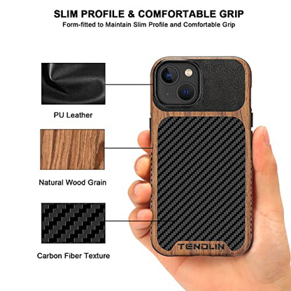 TENDLIN Compatible with iPhone 14 Case Wood Grain with Carbon Fiber Texture Design Leather Hybrid Slim Case Black - color: Black, size: iPhone 14