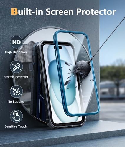 FNTCASE for iPhone 15 Plus Case, Built-in Screen Protector, Kickstand Blue | Military-Grade Drop Protection, Anti-Slip Matte Textured, Rugged Heavy Duty Shockproof TPU Protective Cover - color: Blue