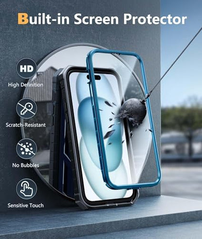 FNTCASE for iPhone 15 Plus Case, Built-in Screen Protector, Kickstand Blue | Military-Grade Drop Protection, Anti-Slip Matte Textured, Rugged Heavy Duty Shockproof TPU Protective Cover - color: Blue
