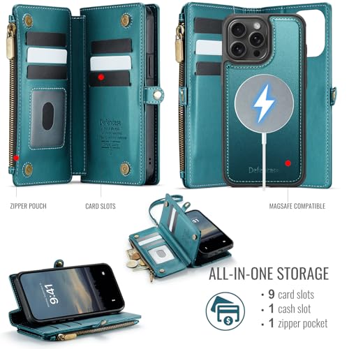 Defencase for iPhone 13 Pro Case Wallet Compatible with Magsafe, Blue Green | Drop-Proof Magnetic Detachable Phone Cases Cover, with RFID Bolcking Card Holder, Zipper Strap, PU Leather, Removable Wallet - color: (Detachable with Magsafe)-Blue Green