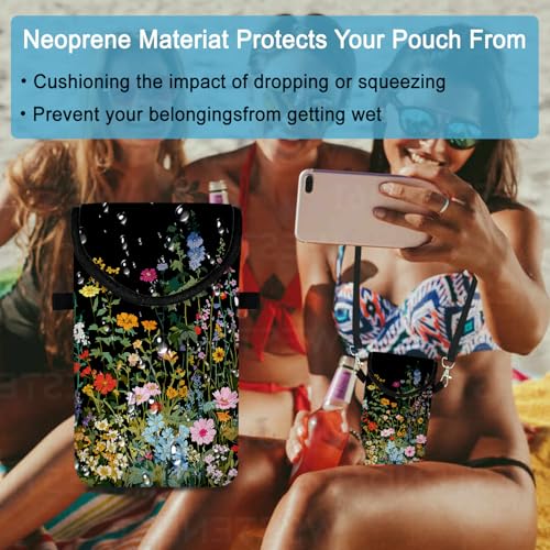 Neoprene Cell Phone Sleeve Pouch Case Bag with Crossbody Strap Neck Lanyard for Women 7.5 X 4.3 in Flowers Plants - color: Flowers Plants