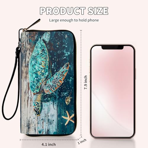 Ladies Wallet,Clutch Purses for Women Wallets Leather Credit Card Holder for Women Wristlet Slim Small Cute with Zipper,Thin RFID Blocking with Wrist Strap,Wood Sea Turtle - color: Wood Sea Turtle