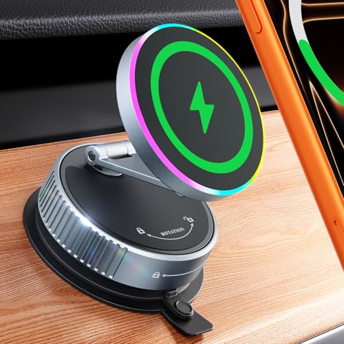 Meifigno for MagSafe Car Mount Charger, 15W Wireless Charger Stand with Vacuum Suction Cup, Magnetic Phone Holder for Car, for iPhone 17 Pro Max 16-12 & Android, 360°Adjustable & Foldable Phone Stand