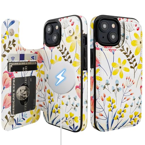 HAOPINSH for iPhone 14 Case Wallet Compatible with MagSafe Wireless Charging, Floral Flower Pattern Back Flip Folio RFID Blocking Leather Kickstand Card Slots Case Double Magnetic Clasp Cover 6.1" - color: Floral Flower MagSafe