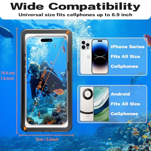 Waterproof Phone Case, Underwater Phone Cases for Snorkeling, IPX8 Diving Case, 360 Full Body Protection for iPhone 16 Pro Max/15/14/Galaxy S24, Up to 6.9 Inch, Beach Cruise Essentials (Black) - color: Black
