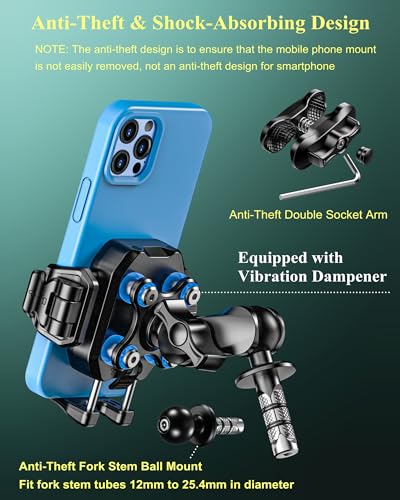 BRCOVAN Anti-Theft Motorcycle Fork Stem Phone Mount with Vibration Dampener