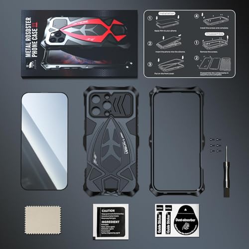 Armor Phone Case for iPhone 16 Pro Max Military Grade Cover 360 Full Protection Heavy Duty Hybrid Metal Bumper Built-in Silicone Shockproof with Screen Protector - Black | Armor Heavy Duty, Full Body Cover, Aluminium Bumper, Built-in Silicone Shockproof D