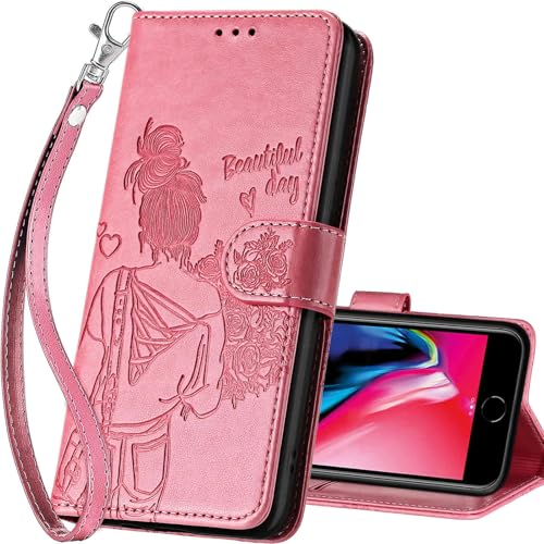 for iPhone SE 2022/7/8/SE 2020 Wallet case, Pink-Girl | 3 Card Holders, Kickstand, Shockproof TPU Shell, PU Leather, Magnetic Closure, Protective Flip Folio Cover, Women - color: 1