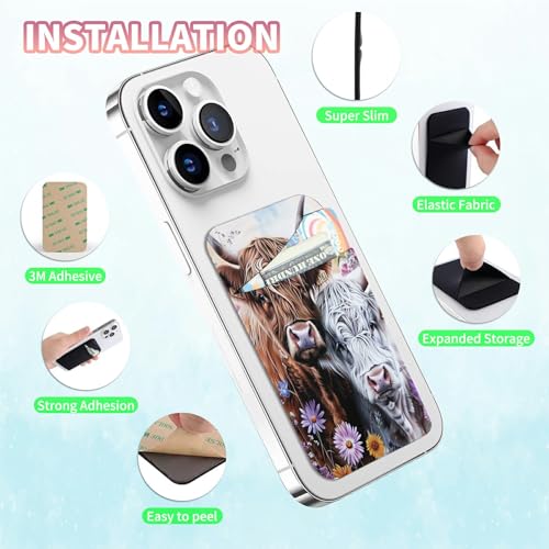 Phone Credit Card Holder Stick on, Phone Case Wallet, Cell Phone Pocket Self Adhesive Stretchy Lycra Stick on Wallet ID Credit Card Case Pouch Sleeve for All Smartphones, Purple Flowering Cow - color: Phone Case Wallet-604