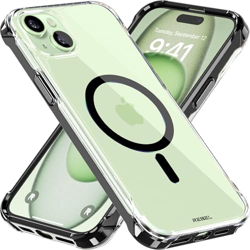 REBEL Clear Case for iPhone 15 Plus [Crystal Series Gen-4] Strong MagSafe Compatible, Anti-Scratch, Non-Yellowing, Protective Shockproof Bumpers, Metal Buttons, 6.7 in 2023 Phone Cover (Crystal Black) - color: Crystal Black, size: iPhone 15 Plus