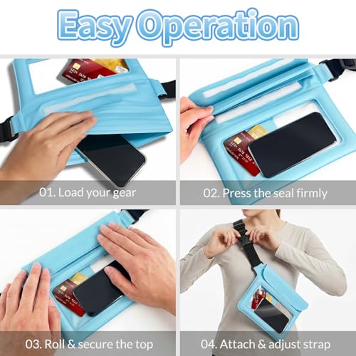 Waterproof Pouch Bag Set IPX8 2 Pcs: Blue Water Proof Fanny Pack 9.8" with Clear Window & Black Waterproof Phone Case 7" Phone Pouch, Floating Belt Bag with Crossbody Waist Strap, Cruise Essentials - color: Blue fanny pack + Phone pouch 7"