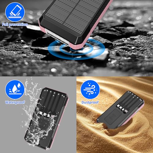 Solar Power Bank 49800mAh, Portable Charger with Built-in 4 Cables, 22.5W Fast Charging Solar Panel Charger for Traveling, Camping and Emergency(Pink) - color: Pink