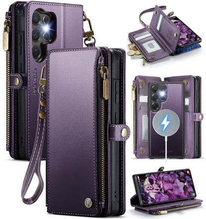 Defencase for Galaxy S22 Ultra Case Wallet Compatible with Magsafe, Purple | Magnetic Detachable, RFID Bolcking Card Holder, Zipper Strap, PU Leather Drop-Proof Phone Cover for Samsung Galaxy S22 Ultra - color: (Detachable with Magsafe)-Purple