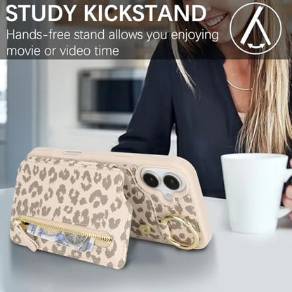 Ｈａｖａｙａ for iPhone 16 case Wallet with Card Holder for Women Men Shockproof Phone case with Keychain Ring Stand Leather Zipper Credit Card Slots-Off White Leopard Print - color: Off White leopard print-Ring