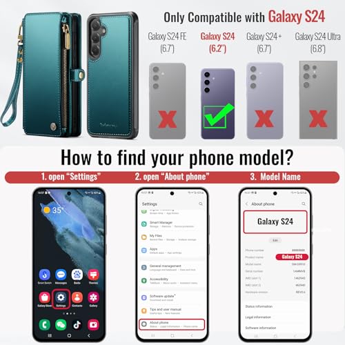 Defencase for Galaxy S24 Case Wallet Compatible with Magsafe, Blue Green | Magnetic Detachable, with RFID Bolcking Card Holder, Zipper Strap, PU Leather Drop-Proof Phone Cover for Samsung Galaxy S24 - color: (Detachable with Magsafe)-Purple