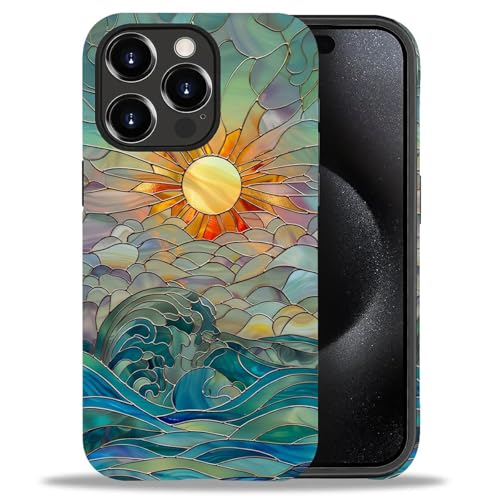 DAIZAG Compatible with iPhone 15 Pro Case,Sun Rays Ocean Waves Stained Glass Full Pattern Plastic Soft TPU Anti-Drop,Double Protection Corner Case for iPhone 15 Pro - color: Sun Rays Ocean Waves Stained Glass, size: iPhone 15 Pro