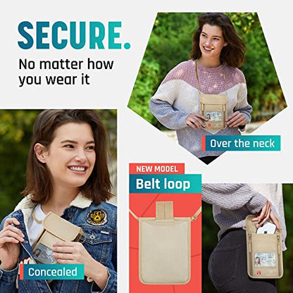Alpha Keeper Neck Wallet, Travel Pouch For Passport Holder And Documents, RFID Blocking, Beige, Unisex Adult, Travelers, Adults - color: Beige