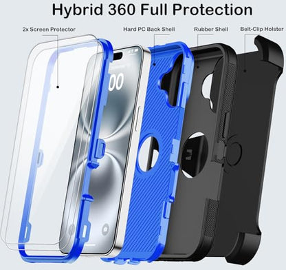 for iPhone 16 Case with Belt Clip Holster,2X Screen Protectors,Heavy Duty Shockproof Drop Protection Military Grade 3 Layers Full Covered Rugged Durable Phone Cover with Kickstand 6.1“ (Black Blue - color: Black Blue w Clip