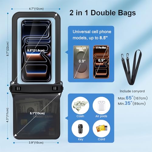 Rynapac IPX8 Double Space Waterproof Phone Pouch up to 8.5", 2 Pack | Face Unlock, Touchscreen, Underwater Photography, for iPhone 17 16 15 14 Pro Max, Includes Lanyard, Beach Cruise Essentials - color: Black & Black