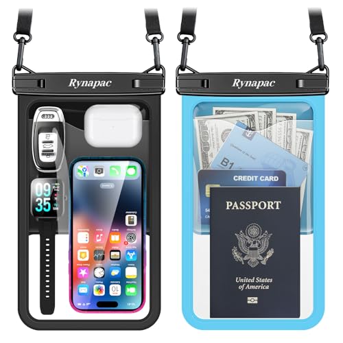 Rynapac Large Waterproof Phone Pouch Up to 10", 2 Pack IPX8 Protector Pouch | Large Capacity, Touchscreen & Underwater Photos, Adjustable Lanyard for iPhone 17 16 15 Pro Max, Beach Cruise Essentials 2026 - color: [Black + Blue] Large Waterproof Phone Pouc