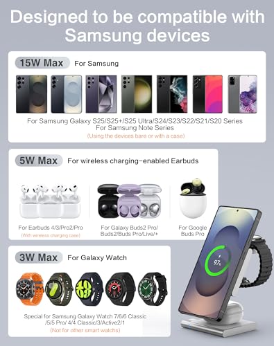 4 in 1 Wireless Charging Station for Samsung, Foldable Aluminum Magnetic Charger with LED Light for Samsung Galaxy S25/Ultra/S24/S23/S22, Galaxy Watch 8/7/6/5, Galaxy Buds/Pro - color: Silver