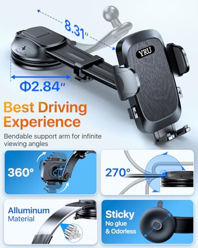 YRU [2026 Ultimate Car Phone Holder Mount [Bendable & Adjustable Aluminum Arm] Cell Phone Holder for Car Dashboard Windshield Phone Stand for iPhone 17 16 15 14 Pro Max Samsung Pickup Truck, Black - color: Black