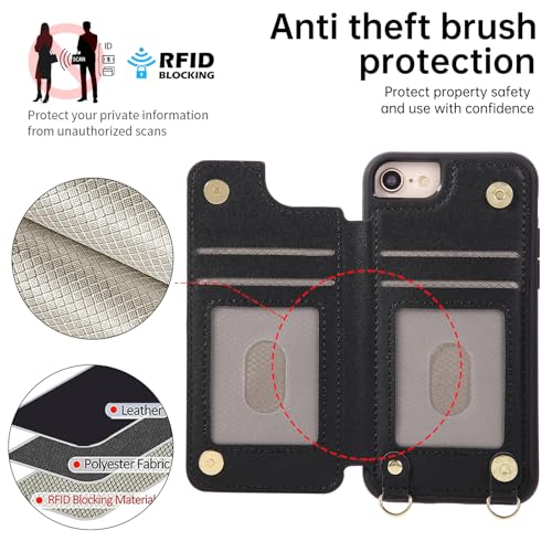 for iPhone 7/8/SE 2022/SE 2020 Wallet Case with Card Holder Slots and Strap, RFID Blocking Magnetic Flip Folio Cover, Crossbody Purse Protection Case with Kickstand,Black Diamond - color: Black Diamond, size: iPhone 7/8/SE 2022/SE 2020(6.6")