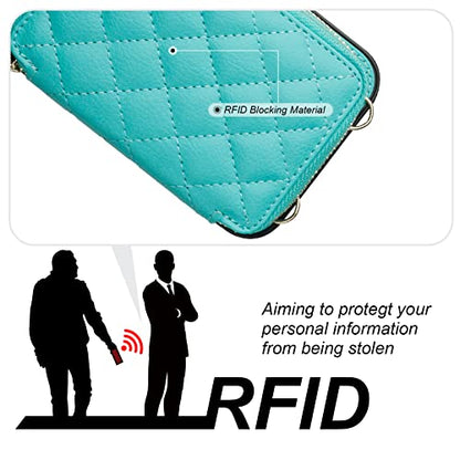 Bocasal Crossbody Wallet Case Card Holder for iPhone 13, Mint Green | RFID Blocking PU Leather Zipper Handbag Purse, Kickstand Flip Folio Case with Card Slots Holder Wrist Strap Lanyard 6.1 Inch - color: Green