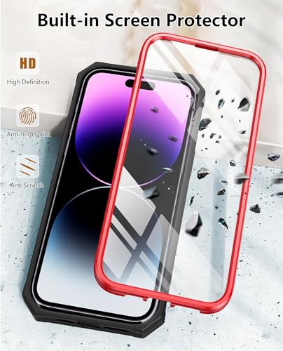 FNTCASE for iPhone 14 Pro Max Case, Built-in Screen Protector, Kickstand | 20FT Military-Grade Drop Protection, Anti-Slip Matte Textured, Rugged Heavy Duty Shockproof TPU Protective Cover - color: Kickstand Red