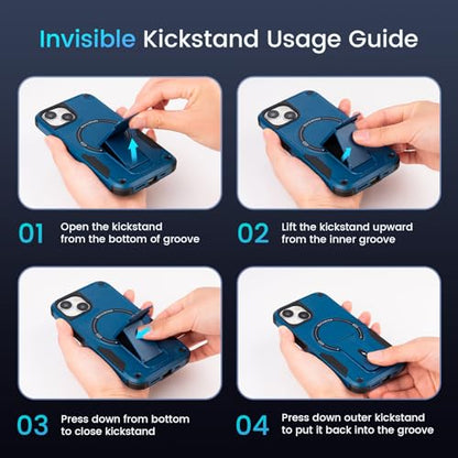 Caka for iPhone 13 Case & iPhone 14 Case with Stand Blue | Compatible with MagSafe, Built-in Hidden Kickstand, Solid Protective Dual-layer TPU+PC Shockproof Magnetic Phone Cover - color: Blue