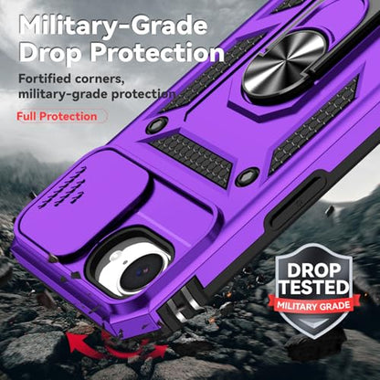 for iPhone 17E / iPhone 16E Case, with Camera Lens Cover HD Screen Protector, Dual Layer Military-Grade Drop Tested Magnetic Ring Holder Kickstand Protective Phone Case for iPhone 16E / 17E (Purple) - color: Purple with camera cover Military-Grade 2nd gen
