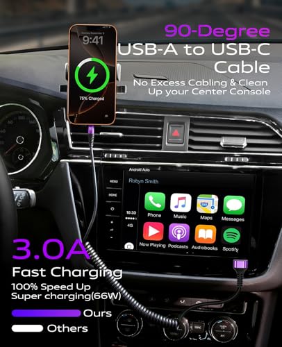 90 Degree USB A to USB C Cable, [3FT/6FT] Coiled USB C Cable for Car-Red - color: Purple, size: 3FT+6FT
