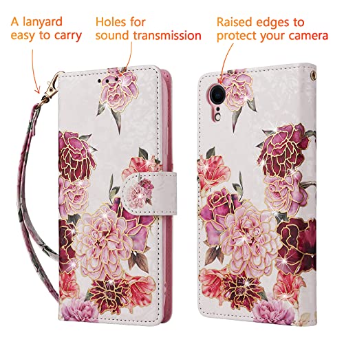 UEEBAI Wallet Case for iPhone XR, PU Leather Phone Case Kickstand RFID Blocking Flip Case with Card Slots Wrist Strap Relief Engraved Pattern Magnetic Closure Folio Case - White Flower - color: White Flower