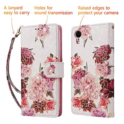 UEEBAI Wallet Case for iPhone XR, PU Leather Phone Case Kickstand RFID Blocking Flip Case with Card Slots Wrist Strap Relief Engraved Pattern Magnetic Closure Folio Case - White Flower - color: White Flower