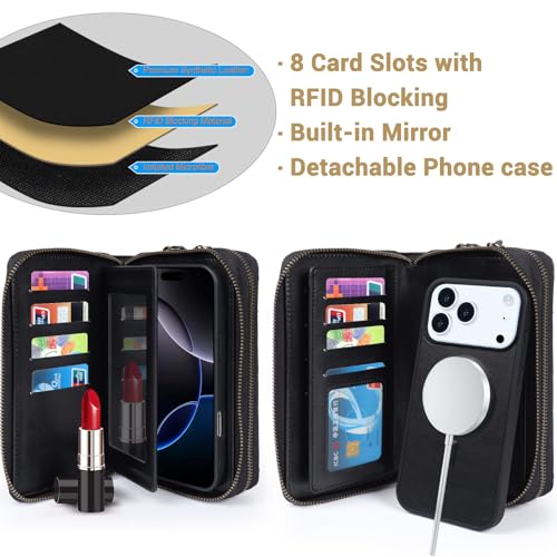Harryshell Compatible with iPhone 17 Pro Max Case Wallet Multi Zipper Detachable Removable Cover Purse with RFID Blocking Card Slots Holder Mirror Crossbody Strap (Compatible with Magsafe - Black) - color: Compatible with Magsafe - Black, size: iPhone 17