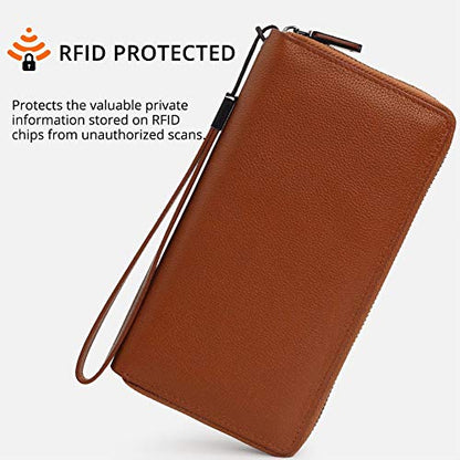 Bveyzi Women RFID Blocking Wallet Leather Zip Around Phone Clutch Large Capacity Ladies Travel Purse Wristlet - color: Brown