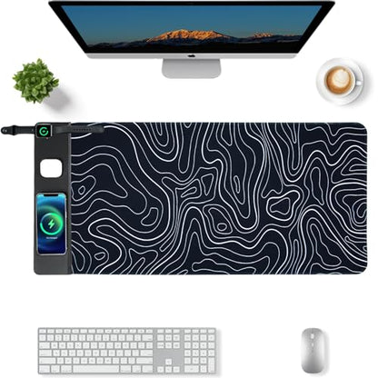 VOVIPO 3 in 1 Wireless Charging Mouse Pad, Gift for Dad/Office Manager,Wireless Charger Compitable with iPhone/Watch/airpods. Wireless Charging Desk Mat 90 x 40cm,Black Topographic Computer Desk Pad - color: Black Topographic