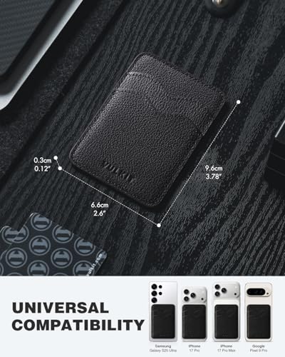 VULKIT Stick on Card Holder Compatible for iphone Leather Cell Phone Wallet Credit Card Case Strong Sticker for Women - color: Genuine Black