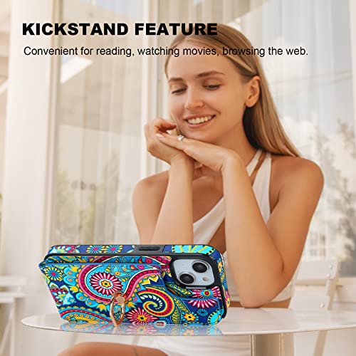 HAOPINSH for iPhone 13/ iPhone 14 Wallet Case with Card Holder, 360°Rotation Ring Kickstand, Paisley Pattern, RFID Blocking Leather for Girls Women, Double Buttons Flip Protective Cover 6.1" - color: Paisley