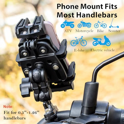 EMERK Motorcycle Phone Mount - Anti-Shake Phone Holder with Vibration Dampener Fits 4.7''-7.2'' Smartphones, Adjustable Heavy-Duty Handlebar Mount for Bike Bicycle Scooter ATV (0.5''-1.3'' Handlebars)
