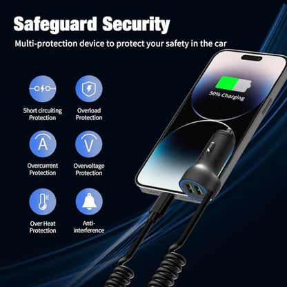 Dual USB Ports Car Charger Adapter with 5FT Coiled Lightning Cable