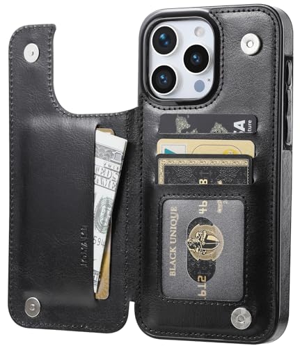 Wallet Case Compatible with iPhone 15 Pro Max(6.7"),Slim Protective case with Card Holder with 1 Screen Protective Glass,Premium PU Leather Kickstand Card Slots Case-Black - color: Black