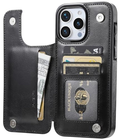 Wallet Case Compatible with iPhone 15 Pro Max(6.7"),Slim Protective case with Card Holder with 1 Screen Protective Glass,Premium PU Leather Kickstand Card Slots Case-Black - color: Black